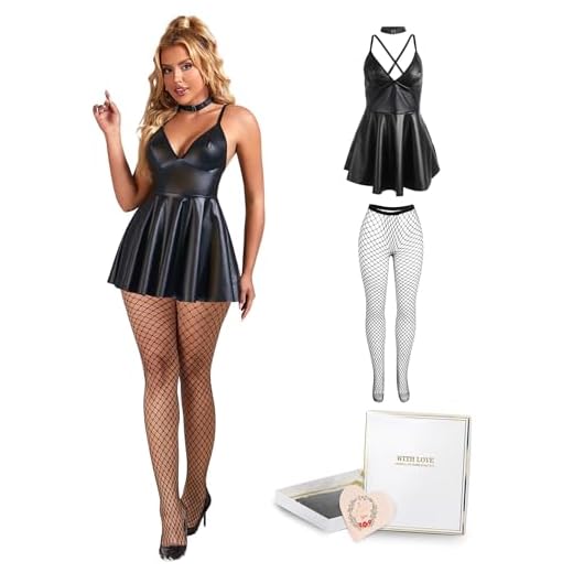Babydoll Dessous für Frauen Sexy Curvy Negligee Dessous Damen Sexy Unterwäsche mit Strumpfhosen Große Größen Lederkleid Outfit Kurz Elegant Wetlook Minikleid Clubwear Reizwäsche Schwarz+Strümpfe,XL