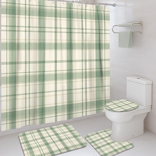 Rideau de douche imperméable vert printemps avec tapis de bain - 2