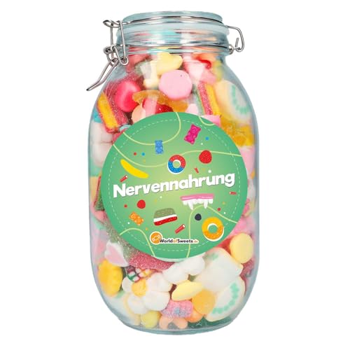 World of Sweets Bunter Fruchtgummi Mix \"Nervennahrung\" im Glas – 1,5 kg Süßigkeiten-Geschenk mit wiederverwendbarem Glas – Süßwaren-Mischung, bunt & fruchtig – Geschenkidee mit Botschaft World of Sweets Bunter Fruchtgummi Mix \"Nervennahrung\" im Glas – 1,5 kg Süßigkeiten-Geschenk mit wiederverwendbarem Glas – Süßwaren-Mischung, bunt & fruchtig – Geschenkidee mit Botschaft