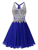 Cocktailkleider Abendkleider Kurz Neckholder mit V-Ausschnitt Ballkleid Partykleid Festkleid A-Linie Glitzer mit Strass Königsblau 38