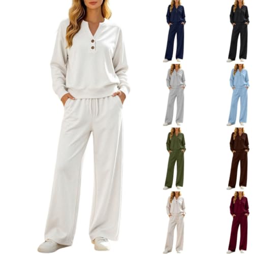 YMAMIYO Sweat Set For Women Wide Leg Elastic Waist Sweatpants V Neck Drop Shoulder Long Sleeve Fall Sweatshirts Lounge Wear - image 1