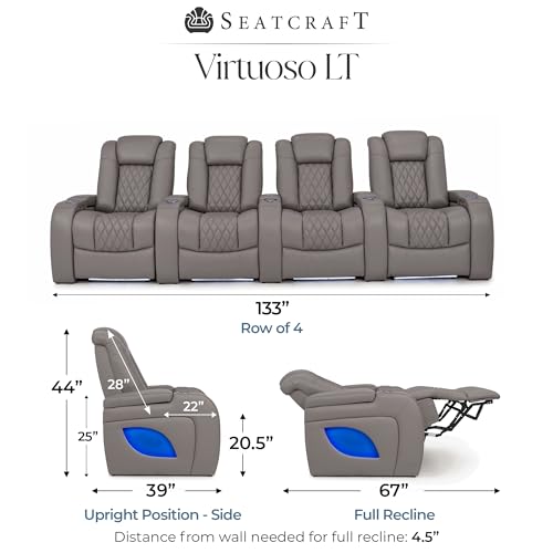 Image of Seatcraft Virtuoso LT Gray Italian Leather Home Theater Seating, Zero Gravity Power Recliner, Powered Headrest and Lumbar Gaming and Home Office Chair, Heat and Massage Lounge Sofa, Row of 4