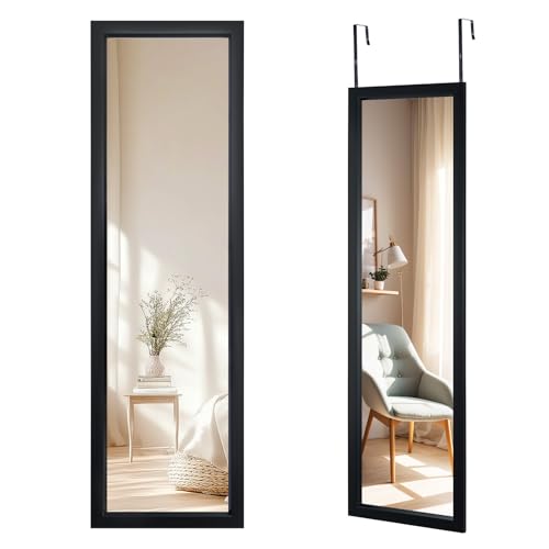 CROWNSHOP Full Length Mirror 110x33cm - Over The Door Mirror with Adjustable Hooks | Wall Mounted Large HD Tempered Glass Full Body Mirrors for Bedroom, Bathroom, Wardrobe (Black)