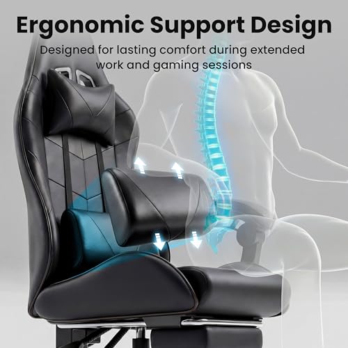 Image of Gaming Chair, Ergonomic Computer Chair with Footrest and Lumbar Support, Height Adjustable Office Chair with 360 Swivel Seat and Headrest (Black)