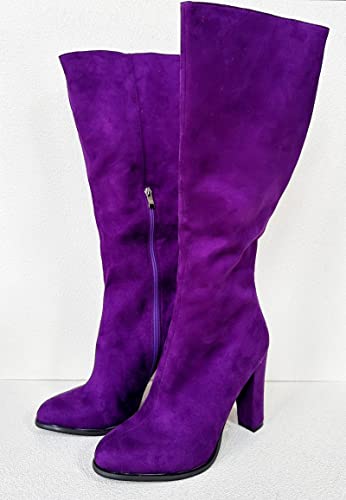Frankie Hsu Ladies Girls Sexy Unisex Chunky Block Knee High Middle Heeled Wide Calf Long Boots, Purple Suede Style, Big Large Size US4-14 Fringe Cowgirl Shoes For Women Men4