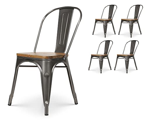 Kosmi - Lot de 4 chaises en métal Brut Aspect galvanisé et Assise en Bois Clair pour Un Design Style Industriel