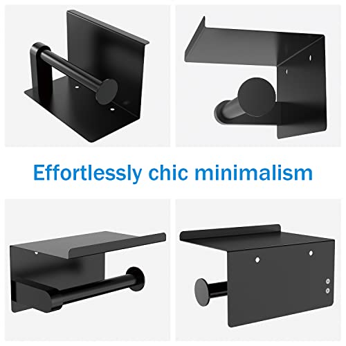 Self Adhesive Toilet Paper Holder With Phone Shelf, Wall Mounted Toilet Paper Roll Holder, Rustproof Bathroom Washroom Tissue Roll Holder With Shelf, Toilet Paper Roll Dispenser- Matte Black #TOP4