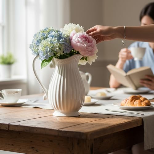 Krug aus Keramik 1,2 L, Pastel Weiß - Wasserkrug, Vase, Pitcher Kanne Karaffe Milchkrug im Landhausstil, Country, French Country, Pastellfarben, Kreidefarben