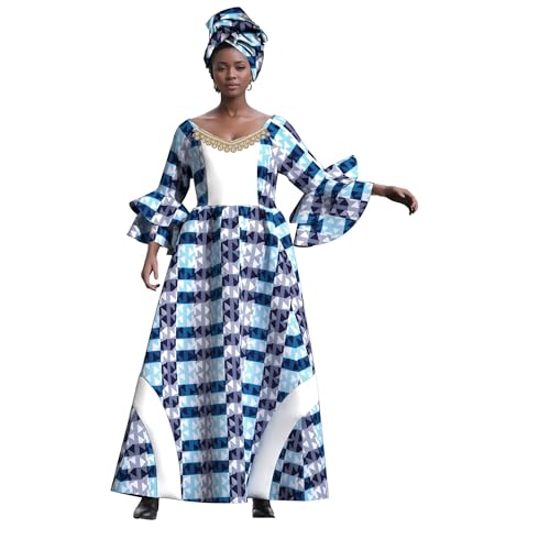 Image of iooiooi Womens African Print Party Maxi Dress Tradition Dashiki Ankara Long Dress & Headwrap