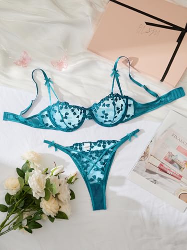 Image of Lilosy Sexy Underwire Cute Push Up Strappy Embroidered Mesh Sheer Lingerie Set See Through Panty Bra