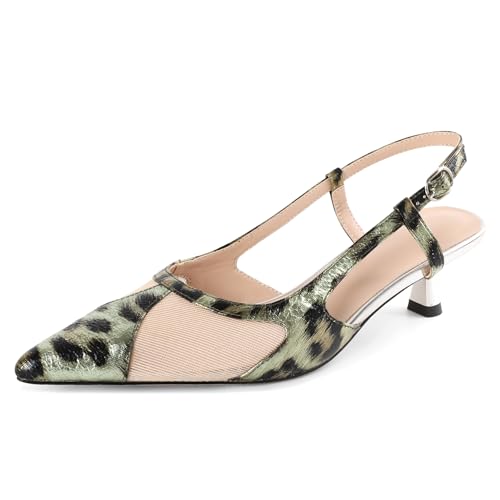 Joseywade Leopard Slingback Heels Women's Pointed Toe Kitten Heels Mesh Dress Shoes