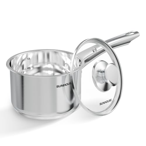 Image of SUNHOUSE 1.5 QT Stainless Steel Sauce Pan with Lid, Small Pot for Cooking | PFOA-Free Uncoated Milk Pan & Butter Warmer, Mini Saucepan with Impact Bonding Base for Induction, Gas, Electric