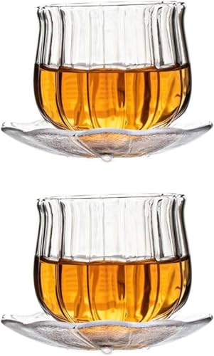 Bivoyud ガラス ティーカップ ソーサー付 ソーサー付 カップ グラス 透明 耐熱 茶こし 紅茶 ポット 色味がわかる ペアセット 新生活 ハーブティー 紅茶 おしゃれ 人気 かわいい シンプル レース フリル クリア オール 軽量 (透明,2個)