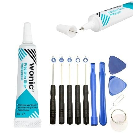 WONIC® Precision Glue | Pegamento para móviles ideal para sustitución de pantallas | flexible | resistente al agua | anti-vibraciones | punta metálica | (1 tubo + kit de básico de herramientas)