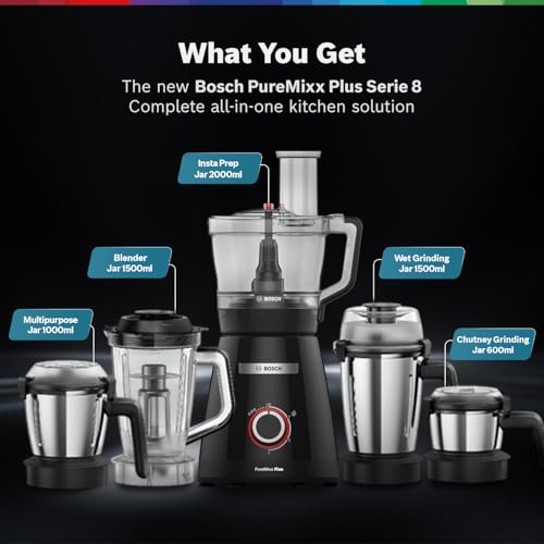 Image of Bosch PureMixx Plus 800W | Mixer Grinder + Food Processor | 5 Jars | 40+ Functions | Atta Kneading, Chopping, Slicing | Coarse Grinding | Hands Free Operation | 7 Year Motor Warranty (MP8515A1KI)