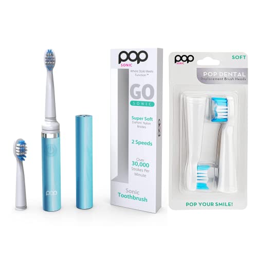 Pop Sonic Toothbrush (Blue Pastel) Bonus 2 Pack Replacement Heads - Battery Powered Toothbrush W/ 2 Speed & 15,000-30,000 Strokes/Minute Vibrations #TOP18
