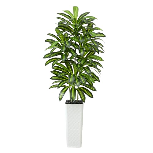 Image of Artificial Dracaena Tree Indoor, 7FT Tall Fake Floor Plants with White Planter & Pebbles, Faux Silk Yucca Tree for Home Office Living Room Bedroom Farmhouse Modern Outdoor Topiary Tree