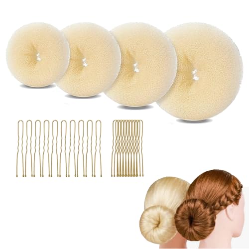 4 Pcs Hair Bun Shaper Set Ring Style Hair Donuts for Buns With 20 Golden Bobby Pins Beige Hair Bun Maker for Girls Kids Women DIY Chignon Hair Styles Dancer Ballerina(Four different sizes)