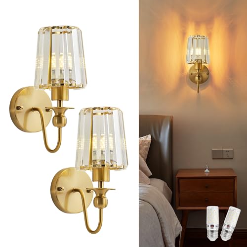 Image of KARTOOSH Hardwired Crystal Wall Sconces Set of 2 | 11.2 Inch Brass Wall Lights Dimmable 3000K Warm White Wall Lamps for Hallway, Bathroom, Living Room, Bedroom