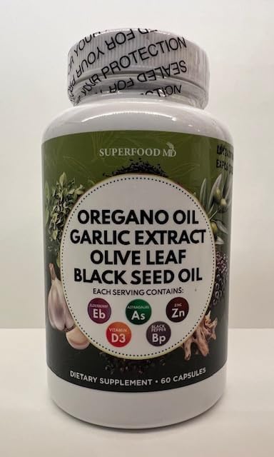 Miniatura 2 de Superfood MD Aceite de orégano Extracto de ajo y hoja de olivo, aceite de semilla negra, astrágalo, suplemento de apoyo inmunológico para mujeres y