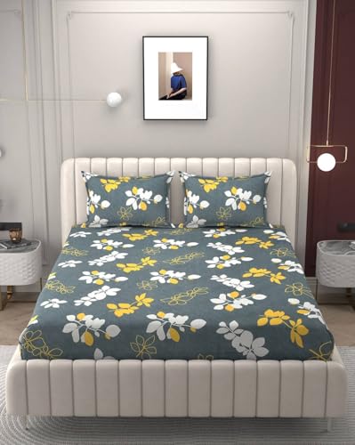 Image of 380 TC Premium Glace Cotton Elastic Fitted Bedsheet King Size with 2 Pillow Covers King Size | Double Bed with All Around Elastic (Grey Yellow, Fitted - 72 inchx78 inch King)