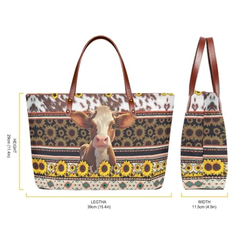 Image of Animal Cow Purse and Handbag for Women - Fashion Sunflower Tote Shoulder Bag With PU Cosmetic Purse - Large Top Handle Satchel and Wallet Combo for Working