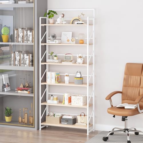Image of JSB Folding Bookshelf,Industrial Storage Shelves, No Assembly Vintage Wood Look Bookshelf with Storage Shelves for Living Room, Bedroom, Office (White, Wide 6-Tier)