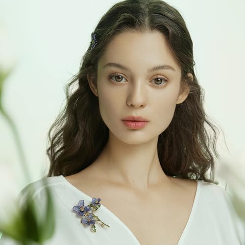 Image of Forget me not Flower Brooch Handmade Gold Thread Embroidered and hand-Drip Enamel leaf, Gradient Botanical Floral Brooch pins for women, SHE'S FREE STYLE JUST FOR YOU [Bencao Gangmu Series]Vintage Plant Jewelry