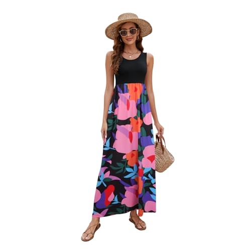 Image of Sherosa Women Boho Chevron Striped Floral Printed Summer Sleeveless Tank Long Maxi Party Dress