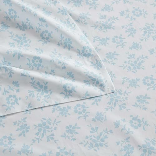 Image of Martha Stewart - Twin Size Sheets Set, Crisp & Tailored Cooling Sheets w /a Naturally Smooth Cotton Percale Lightweight Feel - Bed Sheets with Matching Pillowcase & Fitted Sheet (Floral Blue)