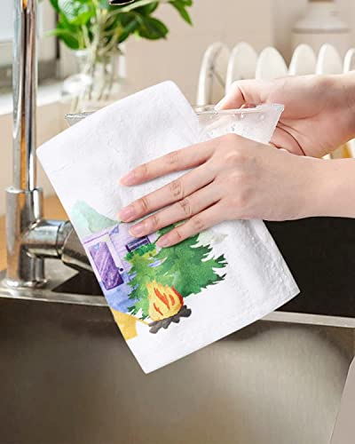 Vansolinne Camping Hanging Kitchen Towels 12'' X 17'' Set Of 4 Happy Camper S'more Hand Towels Soft Coral Velvet Dish Towel For Kitchen Bathroom Novelty Christmas Housewarming Gift Idea #TOP6