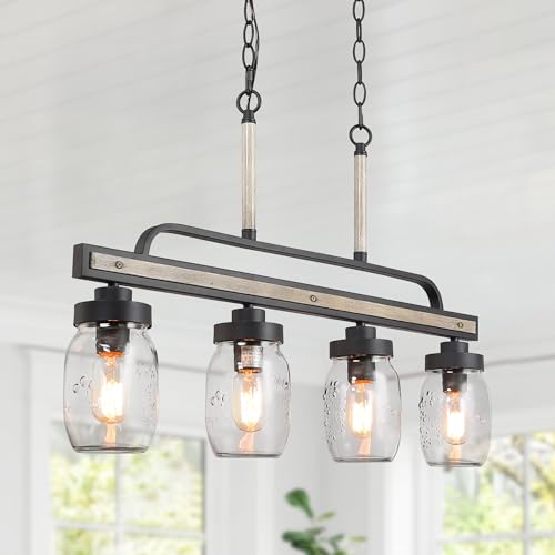 LOG BARN Farmhouse Chandeliers for Dining Room, 4-Light Rustic Mason Jar Chandelier Light Fixture, 30' L Faux Wood Kitchen Island Pendant Lighting