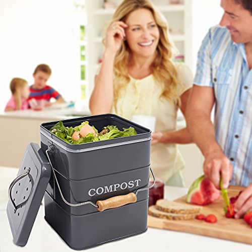 ayacatz Metall komposteimer mit Deckel Küche biomülleimer Arbeitsplatte und Unterschrank Mini komposter, 6L biomülleimer küche klein, Behälter compost bin mit Kohlefilter -(Grau ) - Image 5