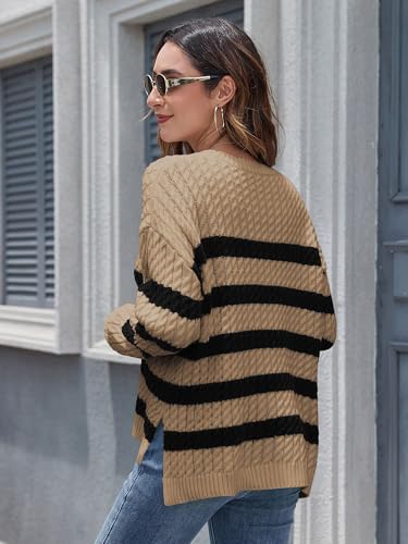 Image of ZAFUL Women's Striped Sweaters Casual Crew Neck Long Sleeve Pullover Oversized Cable Knit Loose Jumper Tops
