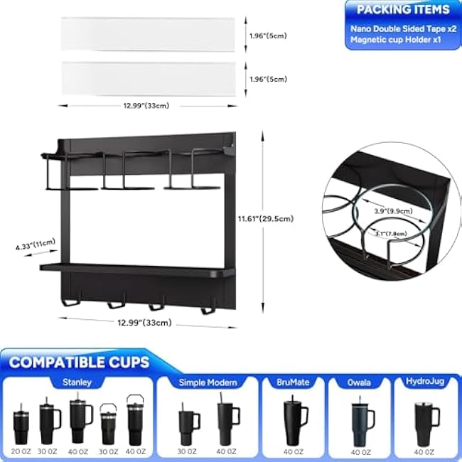 Magnetic Stanley Cup Holder for Refrigerator, Water Bottle Organizer for Stanley 40 oz with Lid Strap Hook, Kitchen Pantry Storage for Stanley Cup Accessories, Fridge Magnetic or Cabinet Adhesive