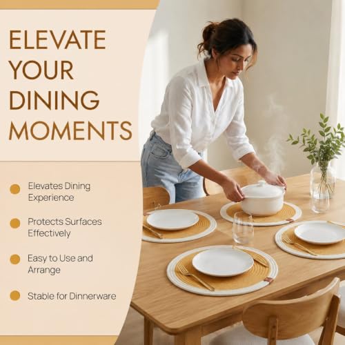 Image of Cotton Rope Placemats, Round Red with White Border, Set of 4, Heat Resistant Table Mats (Yellow and White)