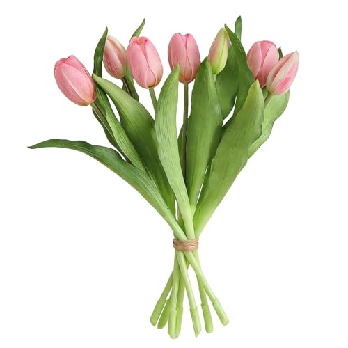 7 Piezas Tulipanes Artificiales, Tulipán Artificial Látex (Rosa Claro)
