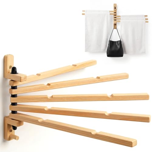 Fiwochic 9 x 13 Inch Wood Swivel Towel Rack Wall Mounted Foldable Drying Rack with Anti-Slip Arms Space Saving Towel Holder for Bathroom Laundry Room Closet Pine Wood Hanger (5 Bar)