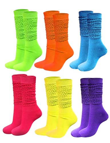 WILLBASIC 6 Pairs Neon Slouch Socks for Women 80s 90s Neon Women's Leg Warmers Heavy Soft Extra Long Scrunchy Socks 80s Accessories for Women(Hot Pink,Blue,Green,Purple,Yellow,Orange)