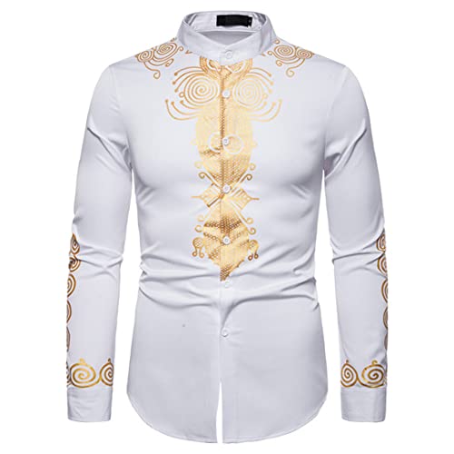 Chemise Dashiki homme brodée africaine blanche HEYDHSDC coupe ajustée haut de gamme