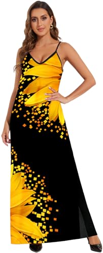 Image of Women's Maxi Sunflower Dresses Sleeveless Long Tie Dye Dress Casual Sundresses with Pockets