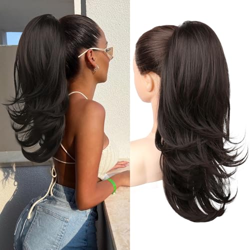 Flufymooz Ponytail Extension 50 cm Pferdeschwanz Haarverlängerung mit Kordelzug für Frauen weiches natürlich aussehendes synthetisches Pferdeschwanz Haarteil-Schwarzbraun