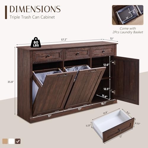 Image of IFGET Triple Tilt Out Trash Cabinet, Wood Trash Can Cabinet, Brown