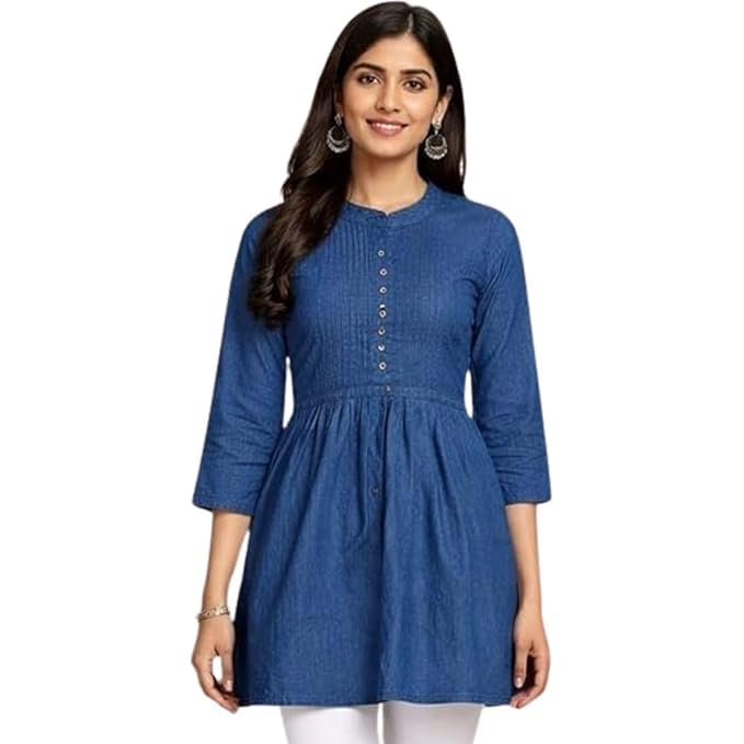 Pepe Jeans Women's Blue Denim Embroidered Straight Kurti Cotton Denim Casual Ethnic Top 3/4 Sleeve Kurta for Daily & Office in blue