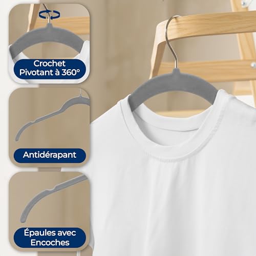 Cintres en velours gris pour dressing : lot de 50 cintres gain de place fins et robustes 3.6kg
