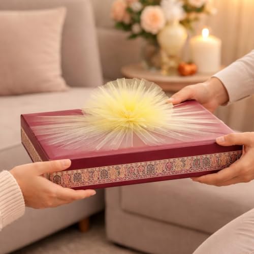 Image of SATYAM KRAFT 6 Pcs Multipurpose Decorative Folding Gift Box | Premium Paper Tray with Net for Wedding Return Gifts, Shaadi /Marriage, Anniversary, Hampers, Festive Gift Packaging (Maroon)
