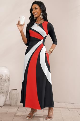 Image of Runwind Maxi Dress for Women with Ruched Waist - Semi-Formal 3 /4 Sleeve Crew Neck Long Dresses for Wedding Guest & Church