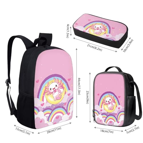 Kids School Bag Set for Girls Boys,Book Bag with Lunch Bag and Pen Case, Sturdy Sport Travel Essentials Middle Hight School,Unisex Child Multiplier Backpacks Rainbow Axolotl2