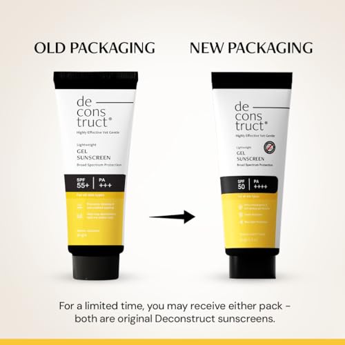 De - cons truct Deconstruct Face Gel Sunscreen SPF 50 + and PA+++ | Gel based sunscreen for oily, combination, acne prone & normal skin| Broad spectrum sunscreen, No White Cast, Lightweight - 50g each, pack of 2