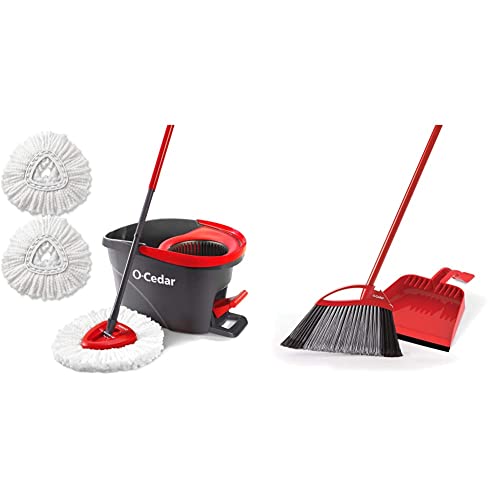 O-Cedar EasyWring Microfiber Spin Mop & Bucket Floor Cleaning System + 2 Extra Refills, Red/Gray & Pet Pro Broom & Step-On Dustpan PowerCorner